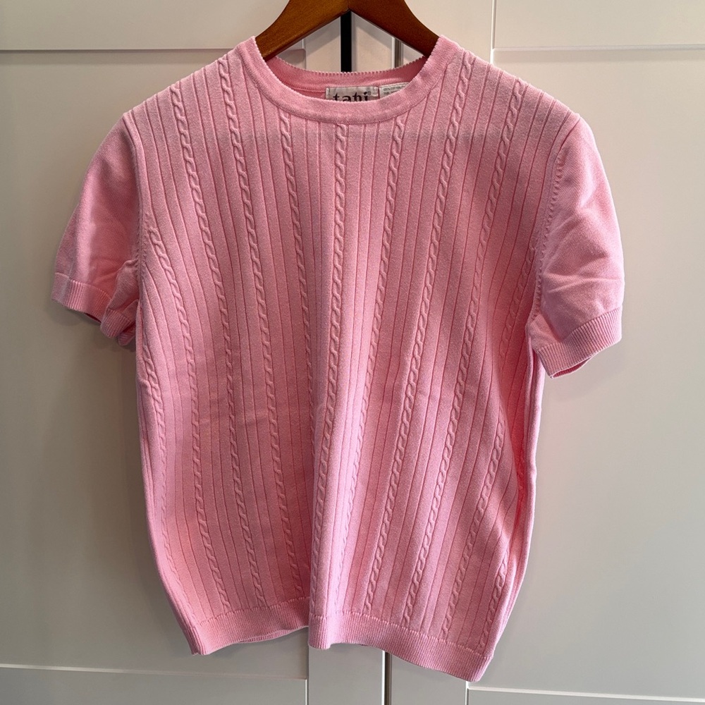 100% Cotton Pink Cable Knit Short Sleeve Sweater